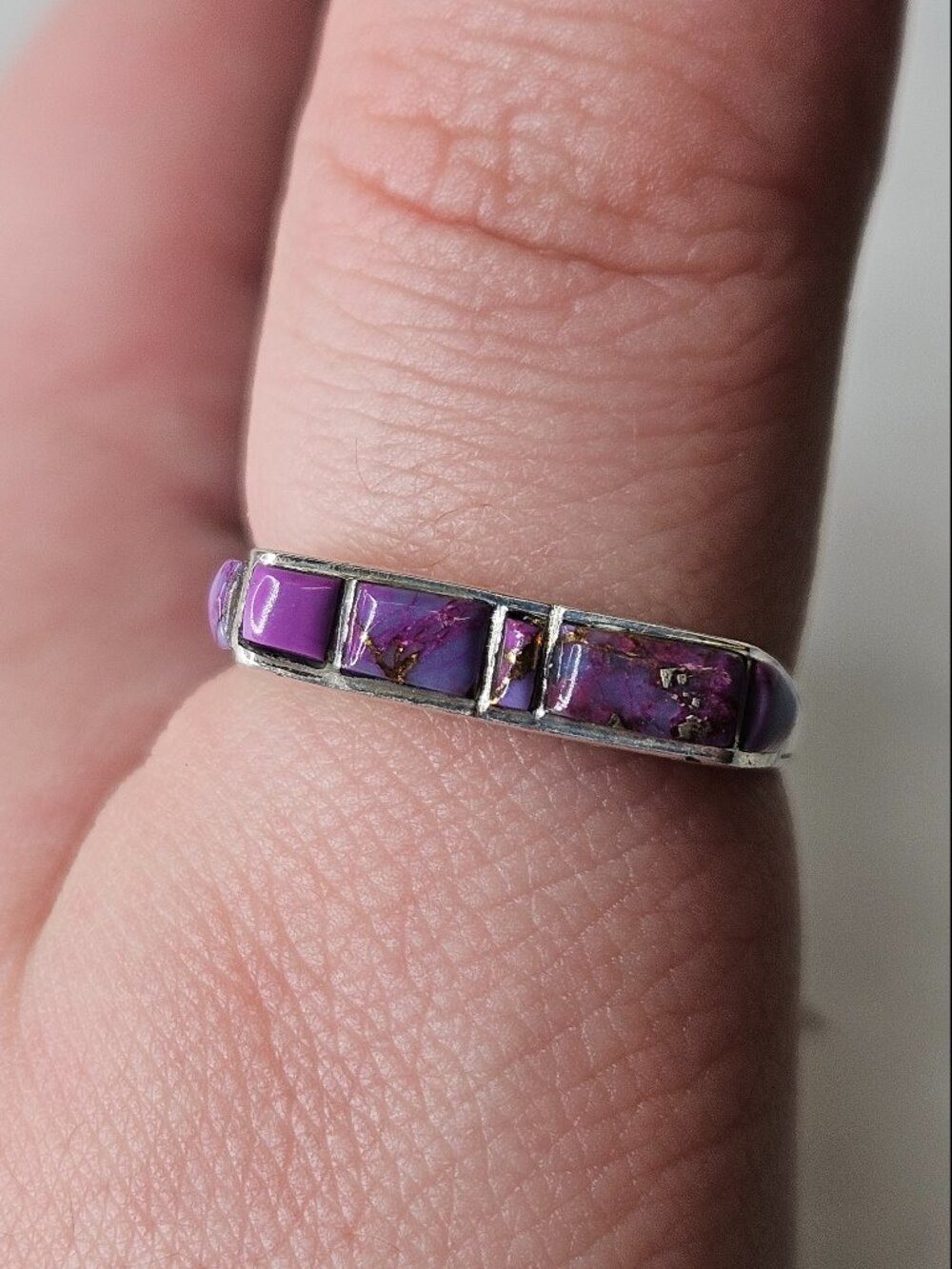 Vintage 925 Sterling Silver Philippines Green Turquoise Ring Band 4mm Size 10